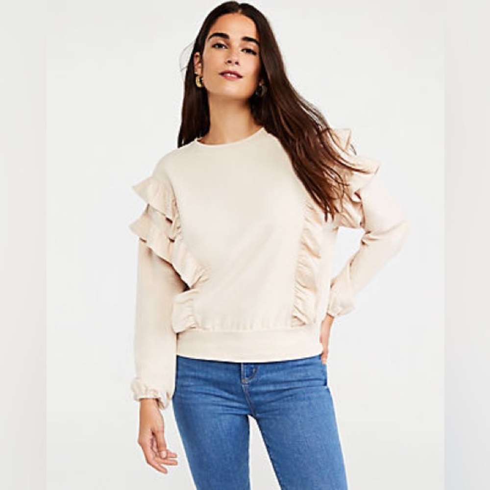 NEW Ann Taylor Ruffled Crewneck Neutral Sweatshirt Pullover Size Medium 346